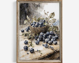 Vintage Blueberry Branch Still Life Watercolor | Muted Berries Print Downloadable Kitchen Wall Art | French Country Cottagecore Decor | 04