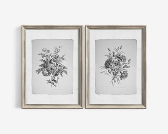 Vintage Botanical Set of 2 Prints Antique Floral Sketch Art Digital Downloadable | Printable French Country Decor | 23