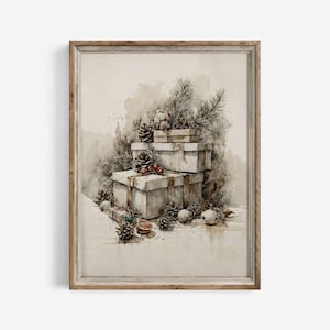 Vintage Christmas Still Life Print: Neutral Watercolor Painting (Digital Downloadable) | 19
