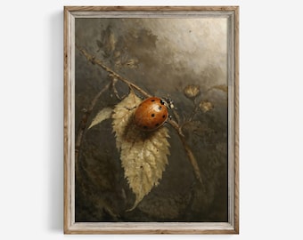 Stillevenprint lieveheersbeestje op blad: humeurige vintage cottagecore-muurkunst (digitale download) | 239