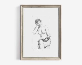 Vintage Farmhouse Decor Antique Female Nude Sketch Drawing - Woman Reading Book Printable Wall Art Downloadable Prints | 238