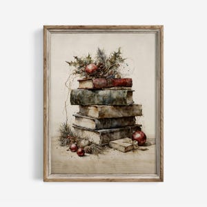 Vintage Christmas Books Still Life Print: Farmhouse Watercolor Art (Digital Download) | 260