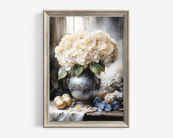 Vintage Watercolor Painting of White Hydrangeas in Antique Vase - Downloadable Still Life Floral Wall Art for Cottagecore Decor | 170