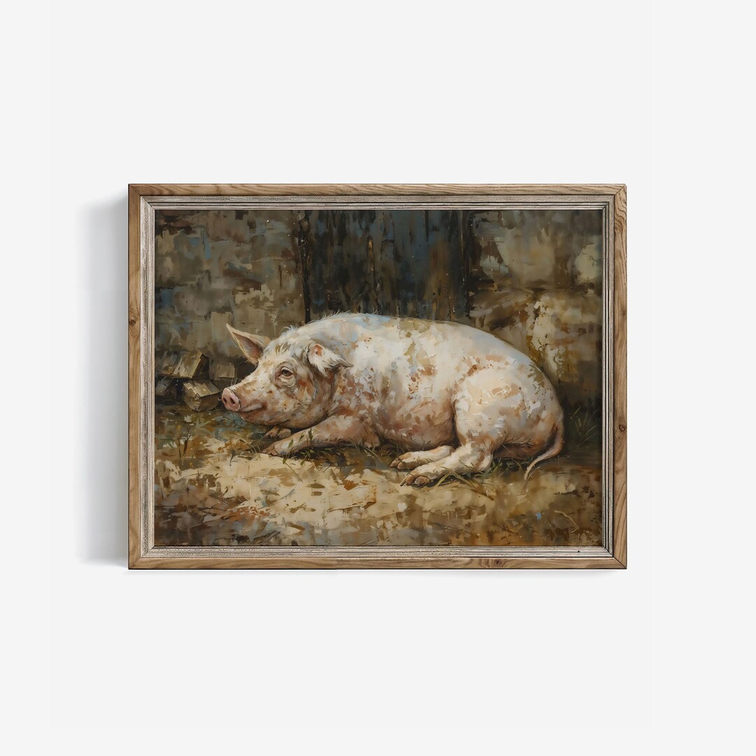 泥んこ遊びをする農家の豚の絵画：ヴィンテージコテージコアウォール