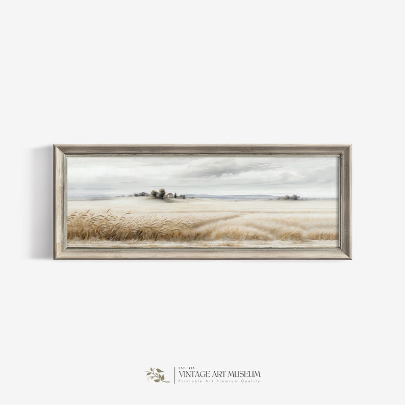 Vintage wheat field landscape painting in muted pastel tones