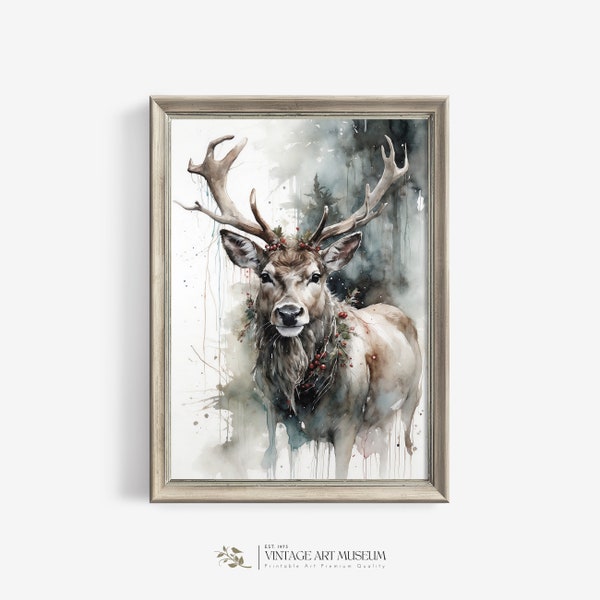 Santa's Reindeer Christmas Wall Art | Vintage Watercolor Printable for Holiday Decor Digital Download | 193