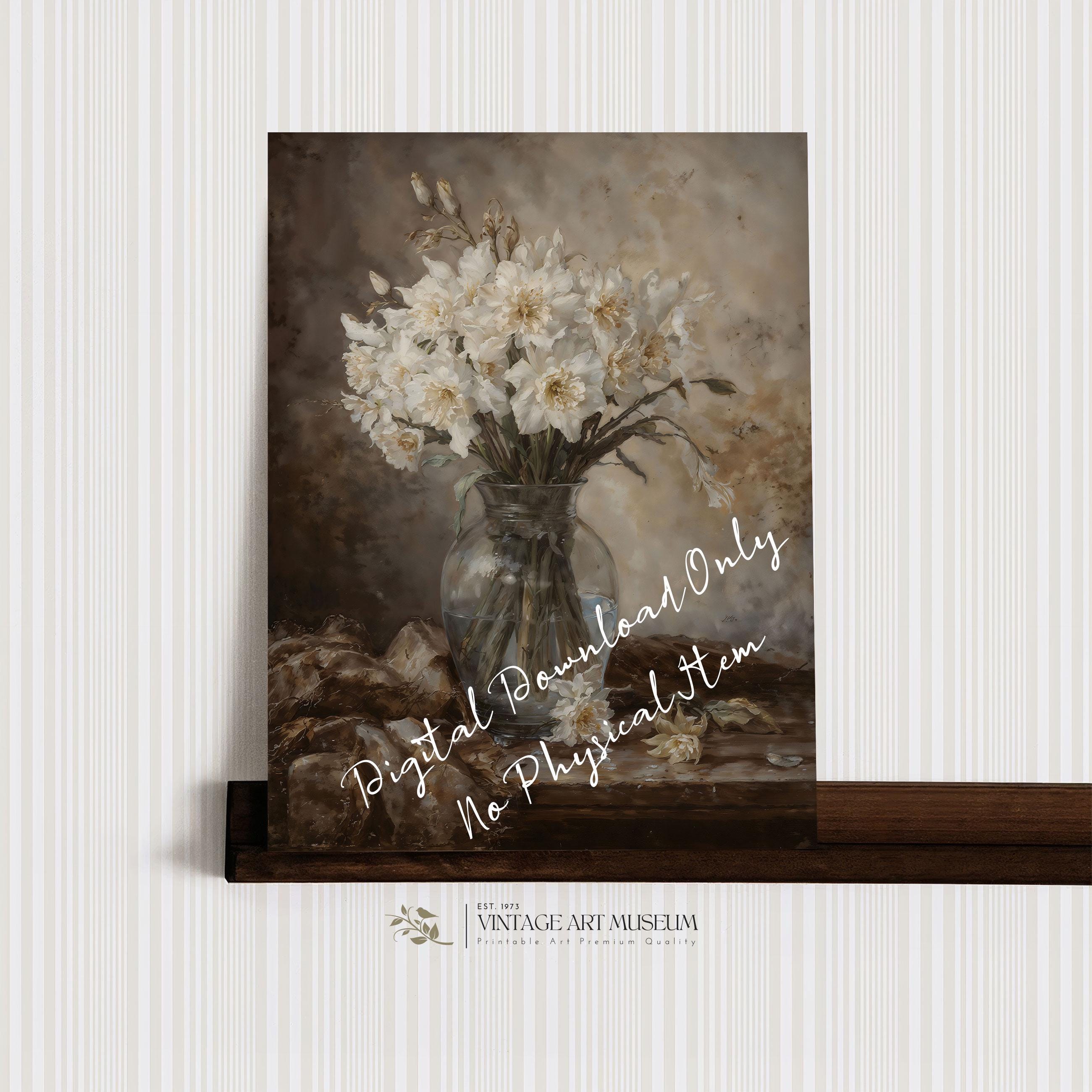 白い水仙の油絵：ヴィンテージの花の静物画 Mudet アートプリント