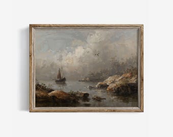 Vintage Coastal Art Print: Muted Seascape Oil Painting Rustic Decor (Digital Downloadable) | 71