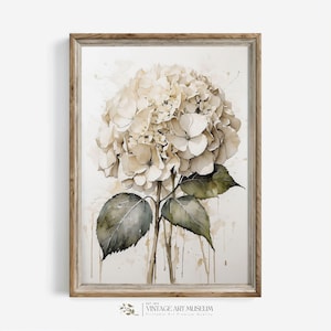White Hydrangea Floral Watercolor Print | Vintage Still Life Botanical Wall Art Living Room Cottagecore Decor | Printable Downloadable | 37