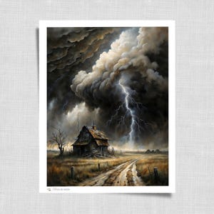 Rain Cloud Lightning Landscape Art | Moody Country Farmhouse Storm Print | Rustic Weather Wall Decor | 223