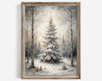 Vintage Christmas Tree Winter Landscape Art Print: Snowy Cottagecore Decor (Digital Download) | 288