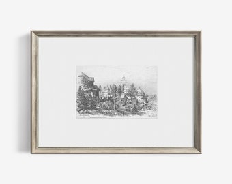 Cityscape Sketch Drawing of Paris Vintage Print | Antique Palace in France Printable Wall Art | Downloadable | 141