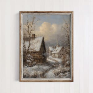Vintage besneeuwde dorpsstraatprint: winterstadlandschap (digitale downloadbare) | 385