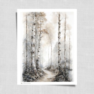 Vintage Watercolor Birch Tree Art - Printable Landscape Wall Art for Farmhouse and Cottagecore Room Decor Aesthetic Downloadable | 565