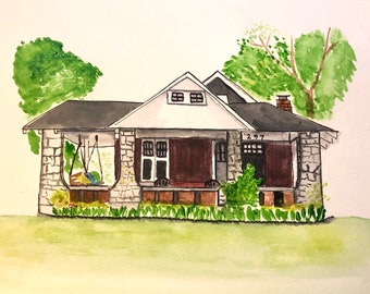 May include: Watercolor painting of a white house with a stone facade and a brown roof. The house has a porch with a swing and a number "297" above the door. There are green trees on either side of the house.