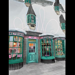 May include: An illustration of Honeydukes, a candy shop, with a teal door and window frames. The shop has multiple windows displaying colorful sweets. The building is covered in snow, and the sign reads "HONEYDUKES" and "Homemade Sweets".