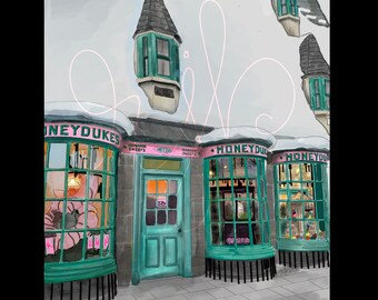 May include: An illustration of Honeydukes, a candy shop, with a teal door and window frames. The shop has multiple windows displaying colorful sweets. The building is covered in snow, and the sign reads "HONEYDUKES" and "Homemade Sweets".