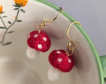 Miniature needle felted mushroom earrings, boho and rustic handmade earrings