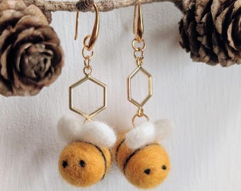 Handmade Needle Felted Bee Earrings, Spring Summer Jewelry (Made to Order)