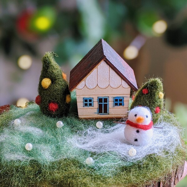 Wooden little house with needle felted snowman and Christmas trees, Christmas home decor