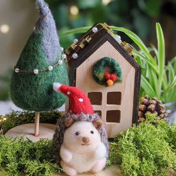 Needle felted little hedgehog in a wooden house, Christmas home decor [Made to order]