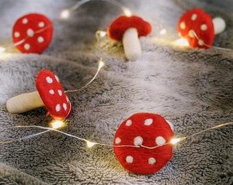 Needle Felted Mushroom String Lights, 6 Toadstools, 20 LED Lights, Home Decor (Made to Order)