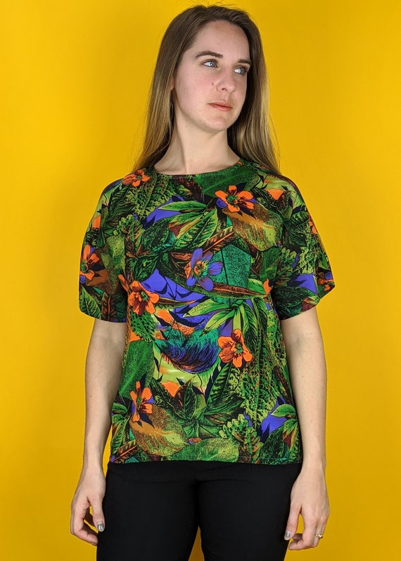 80s Retro Neon Floral Print Blouse (Vintage VTG),
