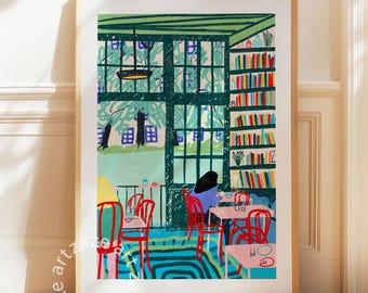 Cafe Wall Art, Books and Coffee Print, Cozy Poster