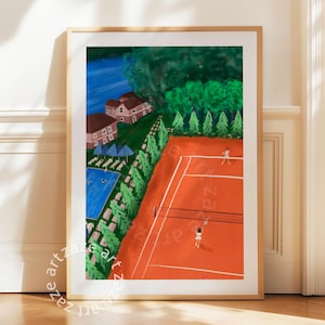 Tennis Court Print, Red Tennis Court Art, Aerial Tennis Print