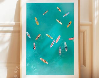 Surf Wall Art, Aerial Surfers Print, Coastal Wall Decor