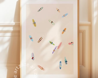 Surf Wall Art, Minimal Surfers Print, Beach Poster