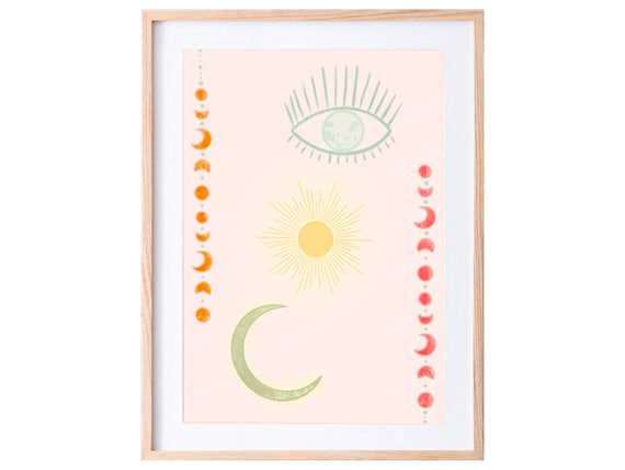 Etsy Sonne Kunst Ästhetisches Blush Pink Wandkunst, Boho Art, Poster, - Art Eye Mond Witchy Print, Dekor, Poster, Wandkunst, Zimmer Evil Schweiz Mond Überbett