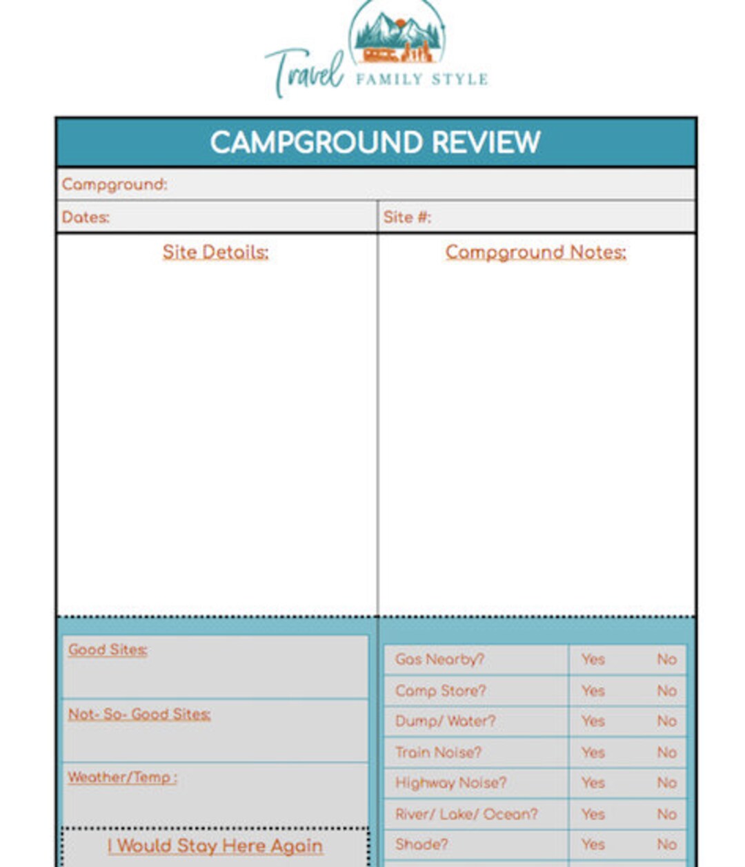 Campground Review Sheet - Etsy