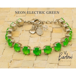 New NEON ELECTRIC GREEN Bracelet, Pick Your Setting/Finish, 8mm Austrian Crystals, Adjustable, Rhodium Setting (Nickel-Free), Bartoni Design