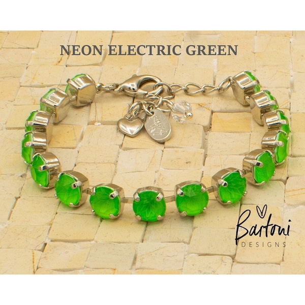 New NEON ELECTRIC GREEN Bracelet, Pick Your Setting/Finish, 8mm Austrian Crystals, Adjustable, Rhodium Setting (Nickel-Free), Bartoni Design