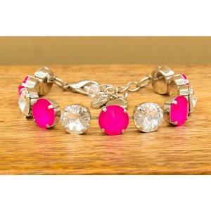 New ELECTRIC FUCHSIA/PINK and Clear Bracelet, 12mm Genuine Crystals, Adjustable, Rhodium Setting, Bartoni Designs, Gifts for Her