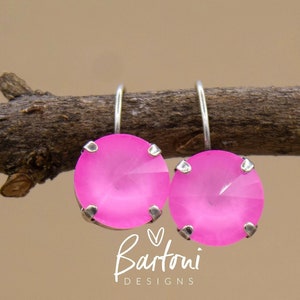 NEW BUBBLEGUM PINK Earring Drops, Lever backs,12MM Austrian Crystals, Antique Silver setting (nickel-free), Bartoni Designs Handmade Jewelry