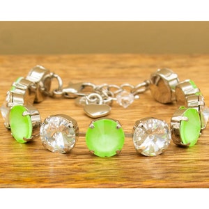 New ELECTRIC LIME GREEN and Clear Bracelet, 12mm Genuine Crystals, Adjustable, Rhodium Setting, Bartoni Designs, Gifts for Her