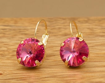 Rose Crystal Drop Earrings: 12mm Austrian Crystals, Gold Leverbacks