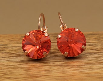 Padparadscha Crystal Earrings: Rose Gold Lever Back Drops, 12mm
