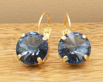 Denim Blue Crystal Lever Back Earrings: 12mm Austrian Crystals, Bright Gold