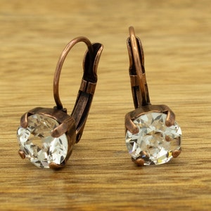 CLEAR CRYSTAL EARRING Drops, Lever backs, Antique Copper Setting (Nickle-Free), 8mm Austrian Crystals, Gifts for Her, Friendship Gifts