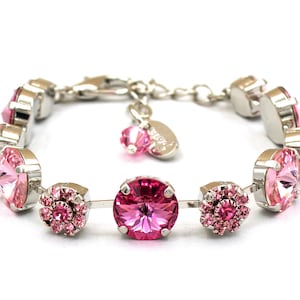 ROSE, Rose Opal, Rose Matte & Light Rose DAISY FLOWER Bracelet, 8 and 12mm Austrian Crystals, Adjustable, Rhodium Silver, Bartoni Designs