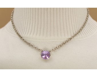 Violet Purple 12mm Austrian Crystal Necklace, Rhodium Silver Rolo Chain, Adjustable