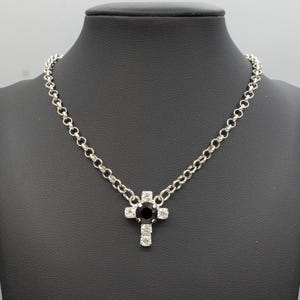 Dainty Cross Pendant Necklace: Jet Black Austrian Crystal, Rhodium Rolo Chain, Adjustable