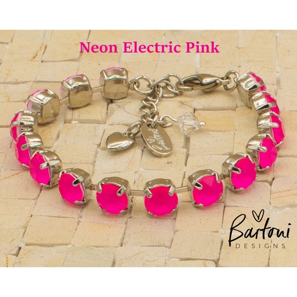 New NEON PINK Bracelet, Pick Your Setting/Finish, 8mm Austrian Crystals, Adjustable, Rhodium Setting (Nickel-Free), Bartoni Designs