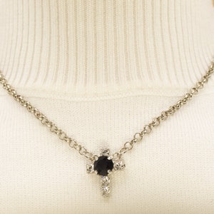 CROSS PENDANT NECKLACE, Small & Dainty, Rhodium Setting, Adjustable Rolo Chain, Jet Black Austrian Crystals and Clear Rhinestones