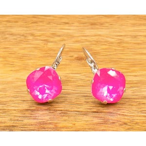 Electric Pink Ignite Earring Drops, Cushion Cut Square, Leverback, 12MM Austrian Crystals, Rhodium Silver Setting(Nickel-Free),Gifts for Her