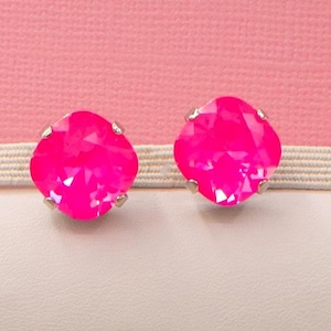 Electric Pink Ignite Earring Drops, Cushion Cut Square, Studs/Posts, 12MM Austrian Crystals, Rhodium Silver Setting, Gifts for Her