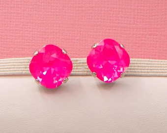 Electric Pink Ignite Earring Drops, Cushion Cut Square, Studs